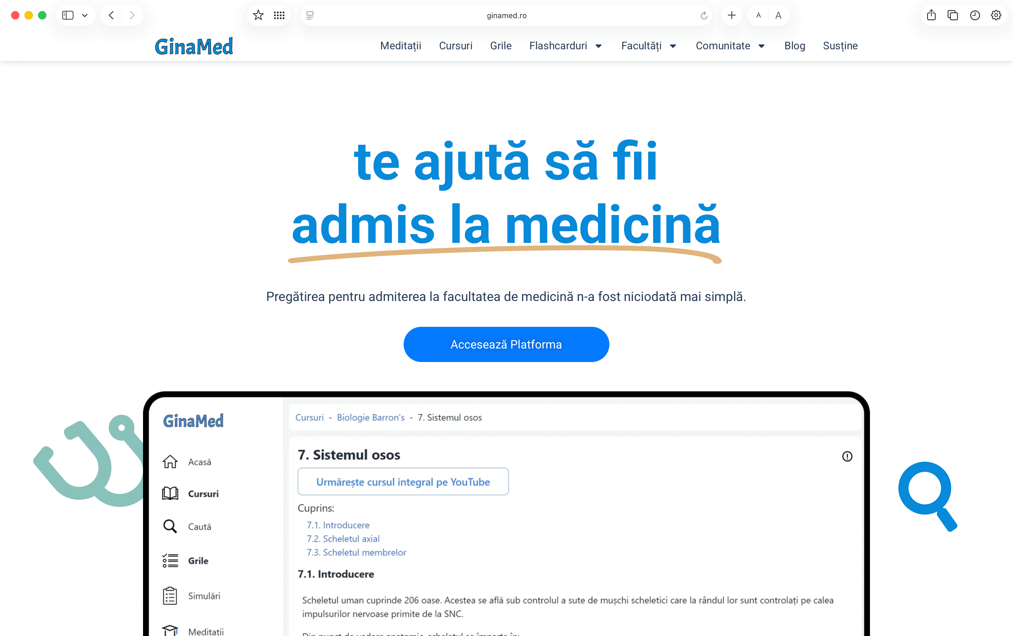 Captură de ecran a paginii principale GinaMed