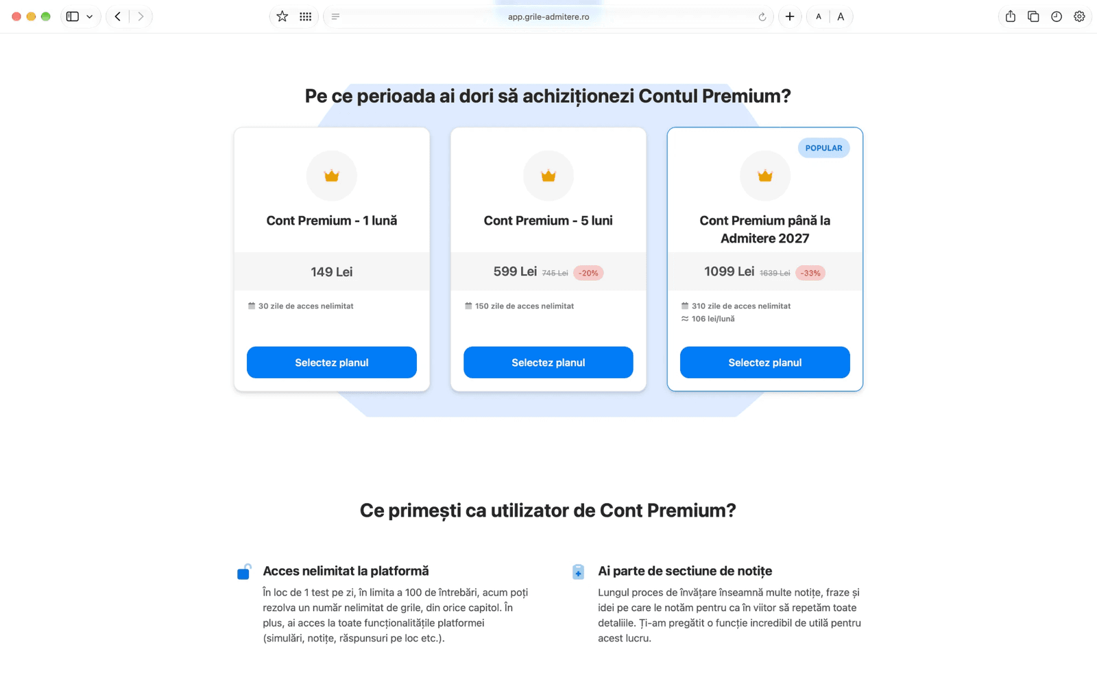 Pagina Cont Premium de pe Grile-Admitere.ro, cu trei planuri: Cont Premium 1 lună la 149 lei (30 de zile), Cont Premium 5 luni la 599 lei, cu prețul tăiat 745 lei și eticheta -20% (150 de zile), și Cont Premium până la Admitere 2027 la 1.099 lei, cu prețul tăiat 1.639 lei, eticheta -33%, 310 zile și aproximativ 106 lei pe lună