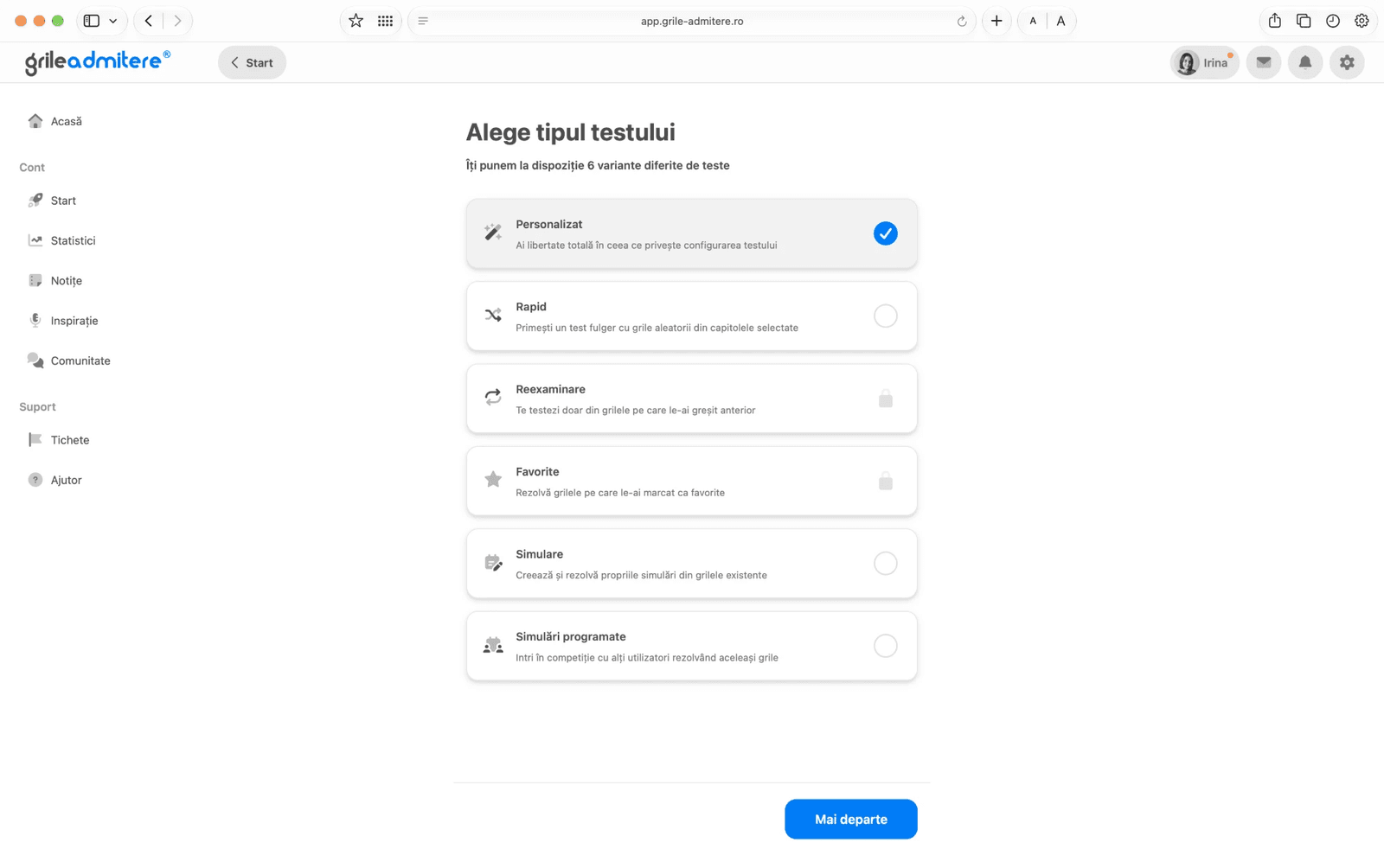 Ecranul „Alege tipul testului” din aplicația Grile-Admitere.ro, cu șase tipuri de test: Personalizat, Rapid, Reexaminare (cu lacăt), Favorite (cu lacăt), Simulare și Simulări programate