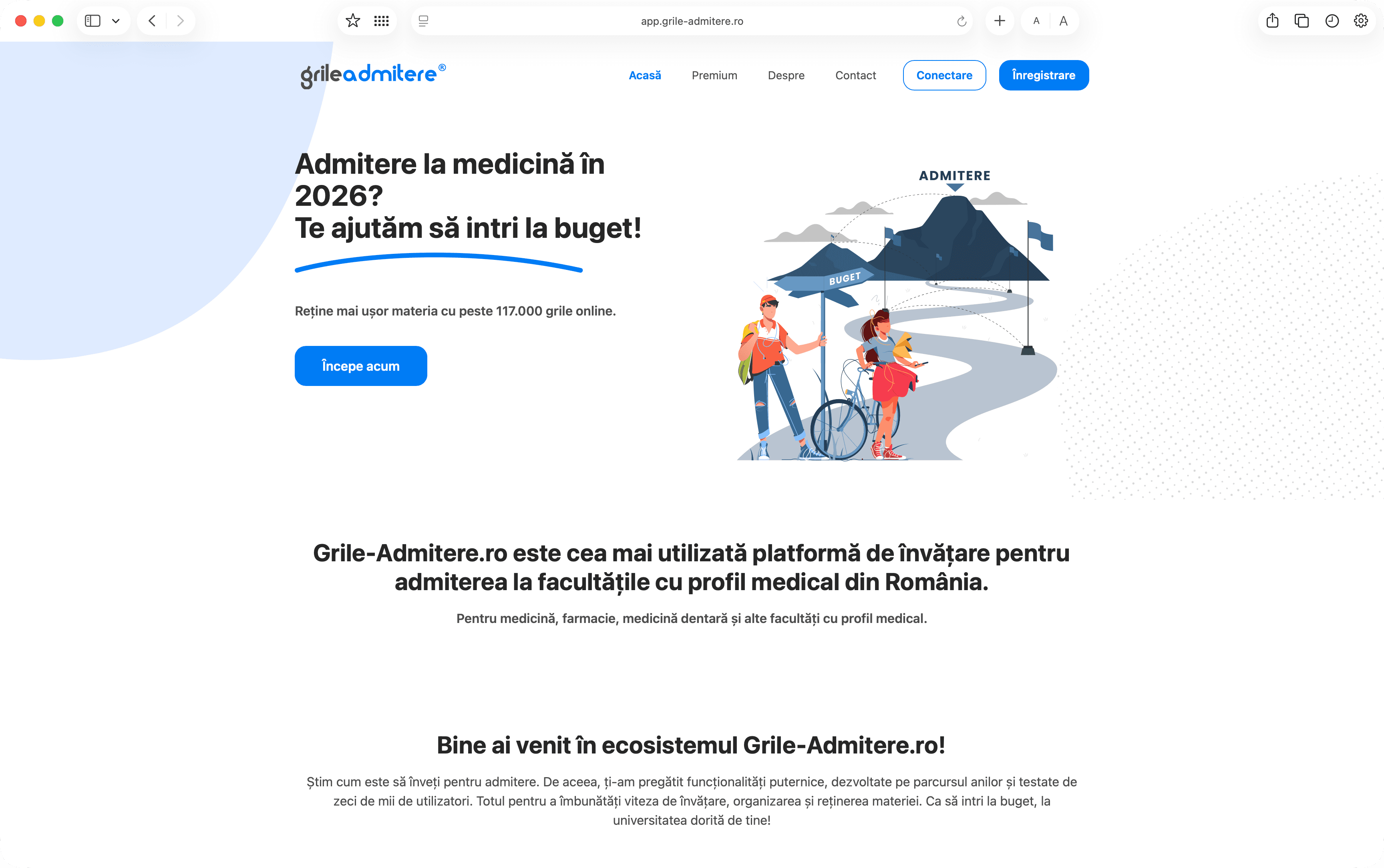 Captură de ecran a paginii principale Grile-Admitere
