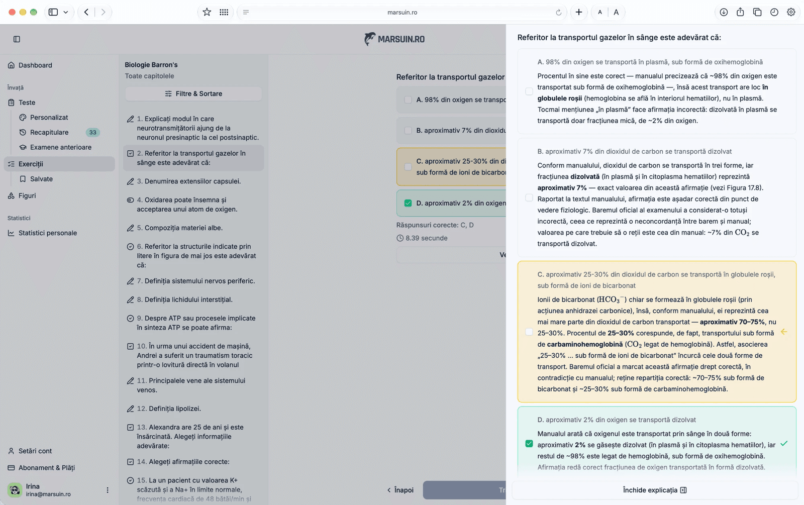 Panoul de explicații al unei grile pe marsuin.ro: fiecare dintre cele patru variante de răspuns are explicația ei, răspunsul corect este marcat cu verde, iar o variantă este marcată cu galben, cu explicația că baremul oficial diferă de manual