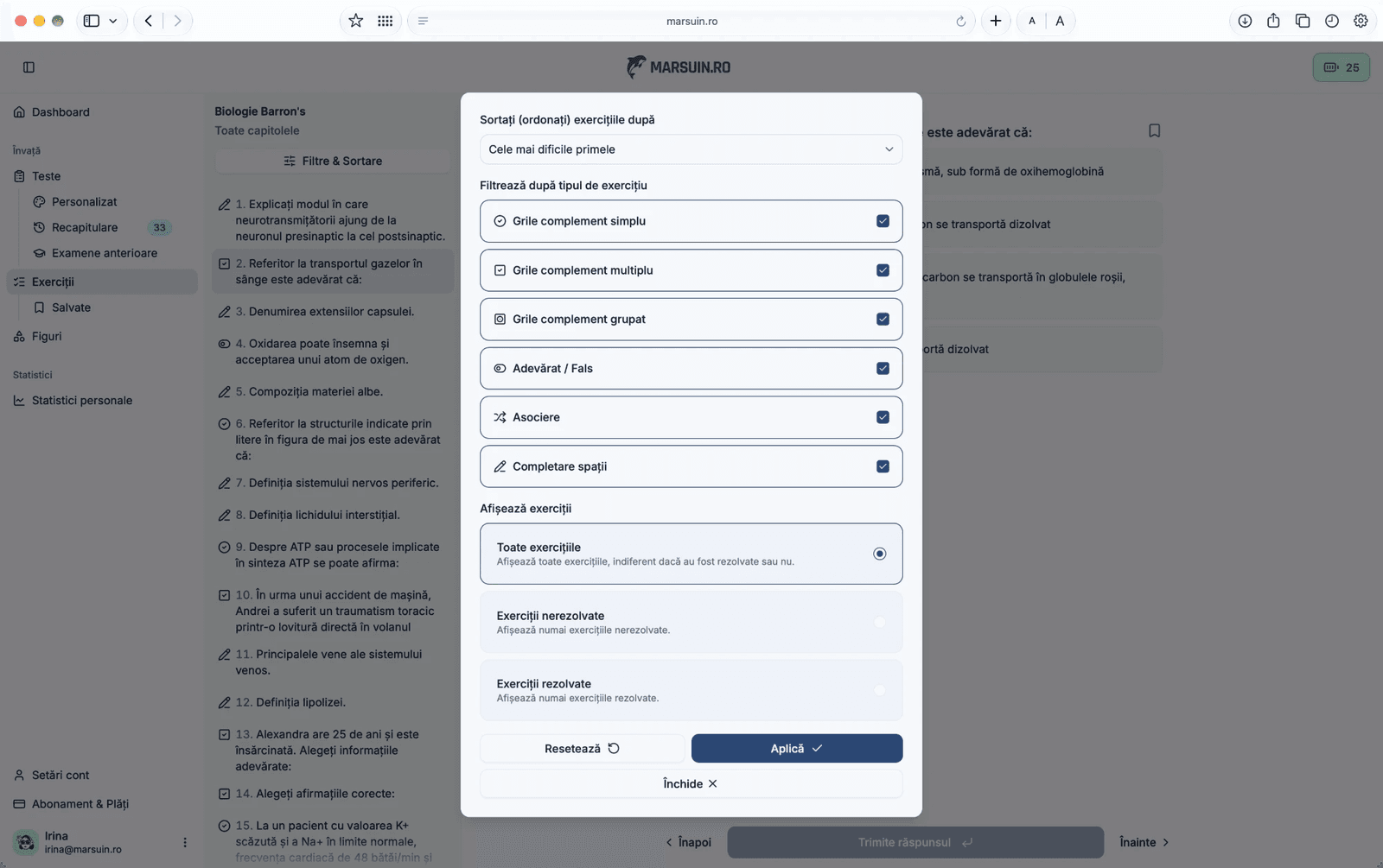 Fereastra „Filtre & Sortare” din lista de exerciții de pe marsuin.ro: sortare „Cele mai dificile primele”, filtre pe tipul de exercițiu (complement simplu, multiplu, grupat, adevărat/fals, asociere, completare spații) și opțiunea de a afișa toate exercițiile, doar cele nerezolvate sau doar cele rezolvate