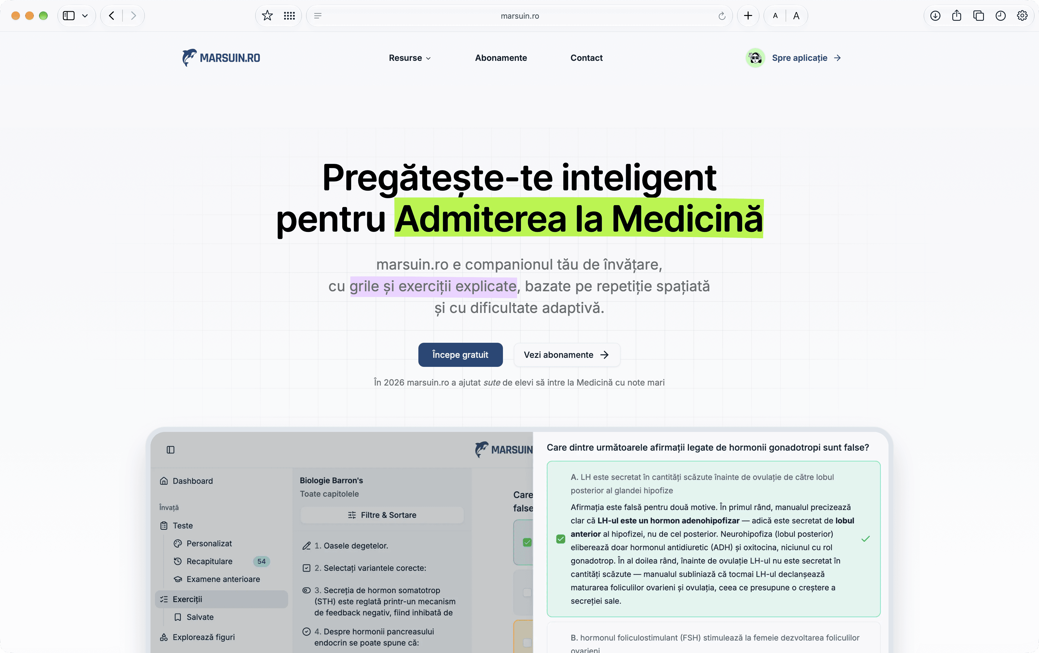 Captură de ecran a paginii principale marsuin.ro, cu o grilă rezolvată și explicația fiecărei variante de răspuns