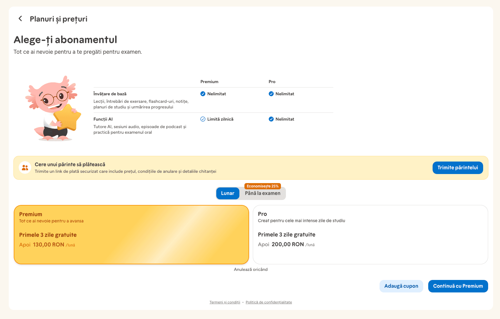 Pagina „Planuri și prețuri” din aplicația Educato, cu plata lunară selectată: planul Premium la 130 de lei pe lună și planul Pro la 200 de lei pe lună, amândouă cu primele 3 zile gratuite; în tabelul de sus, funcțiile AI au limită zilnică pe Premium și sunt nelimitate pe Pro