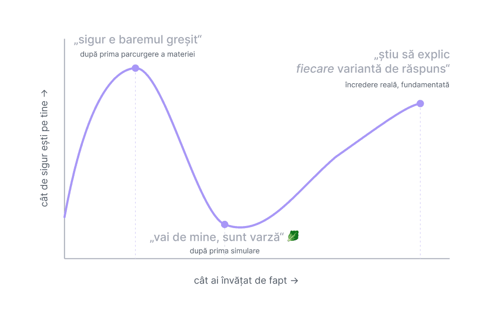 Graficul cu versiunea populară a curbei asociate cu efectul Dunning-Kruger