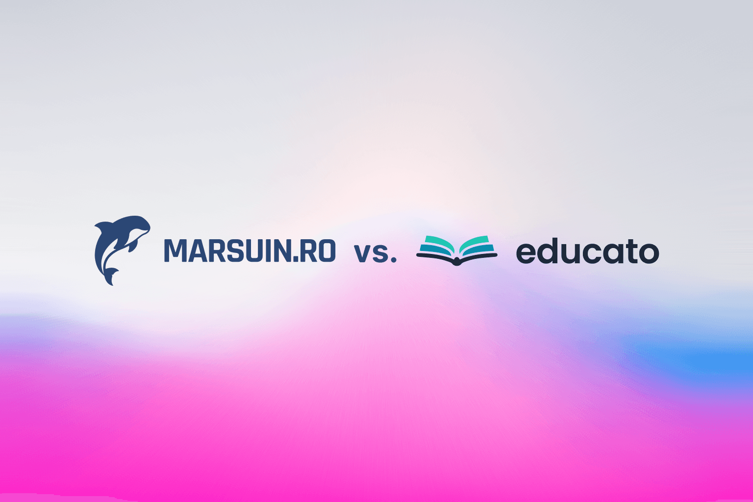 Logoul marsuin.ro și logoul Educato, cu „vs." între ele, înconjurate de etichetele Exerciții, Costuri, Comunitate, Funcționalități, Explicații și Cursuri, pe un fundal în degrade