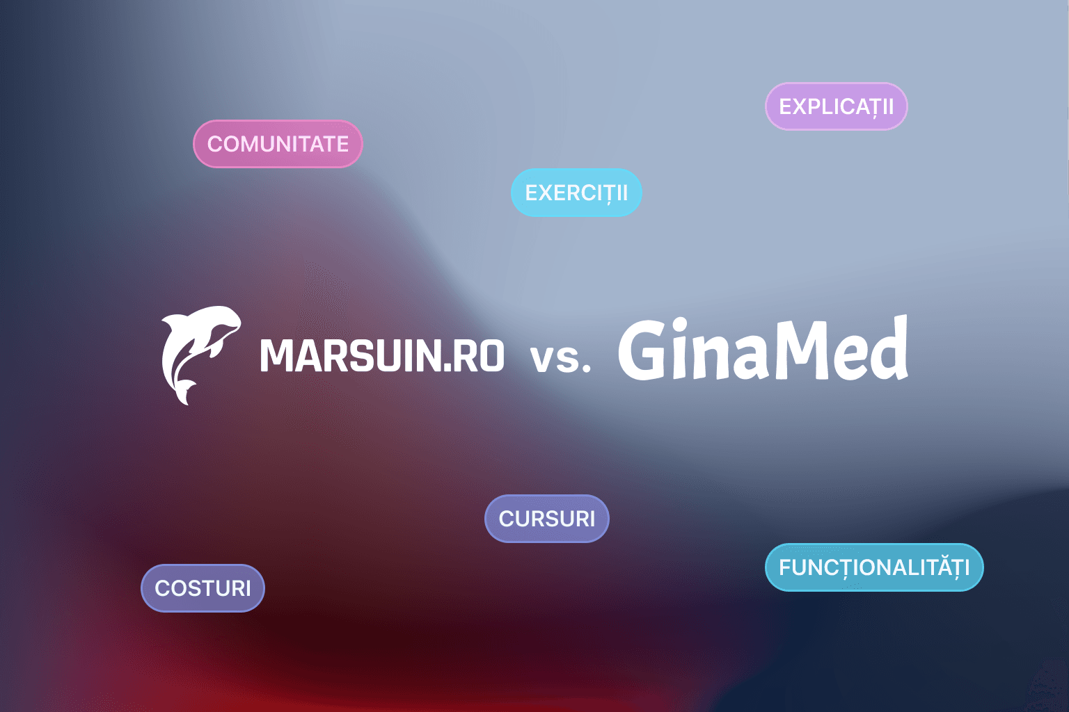 Logoul marsuin.ro și logoul GinaMed, unul lângă altul, cu „vs" între ele, pe un fundal în degrade albastru